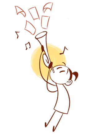 Strichfrau, aus deren Trompete Zettel fliegen