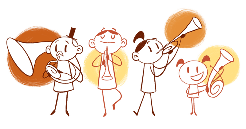 4 bunte Strichmännchen mit Blechblasinstrumenten: Helikon, Trompete, Flügelhorn, Bariton, Tuba
