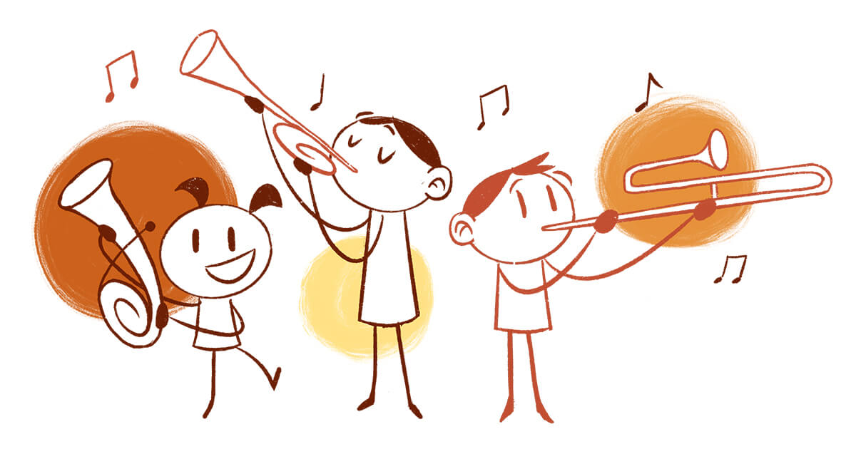Grafik: 3 bunte Kinder mit Trompete, Tenorhorn und Posaune machen Musik