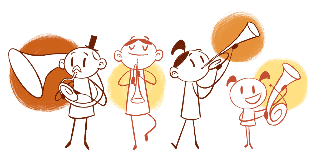 4 bunte Strichmännchen mit Blechblasinstrumenten: Helikon, Trompete, Flügelhorn, Bariton, Tuba