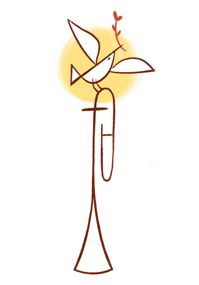 Grafik Posaune mit Kreuz und Taube mit Ölzweig